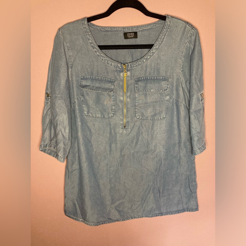 Jones New York Blue Zip-Front Blouse size small